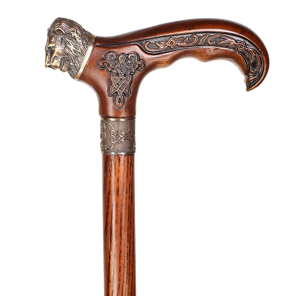 Lion Head Bronze & Wood Artisan Intricate Handcarved Cane