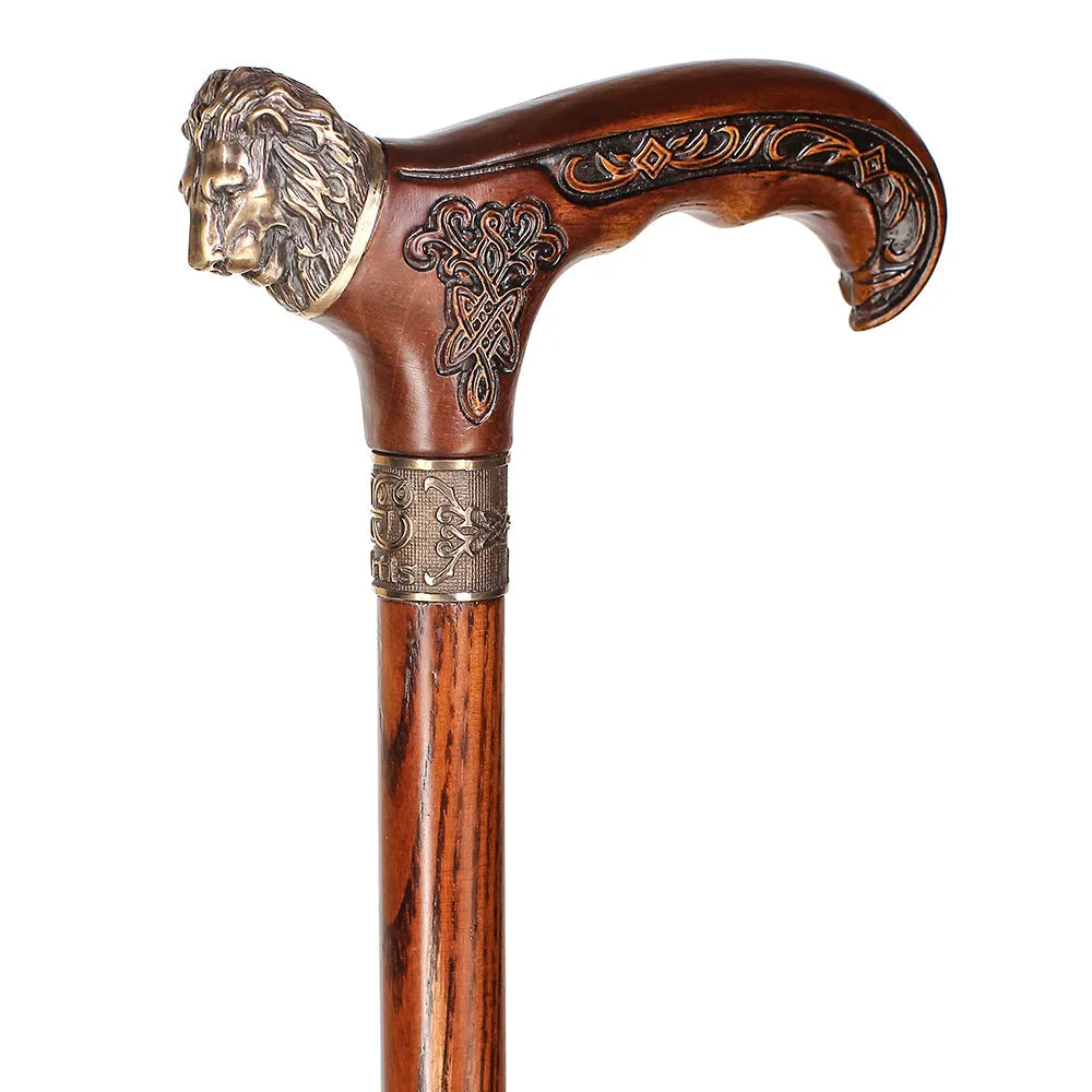 Lion Head Bronze & Wood Artisan Intricate Handcarved Cane