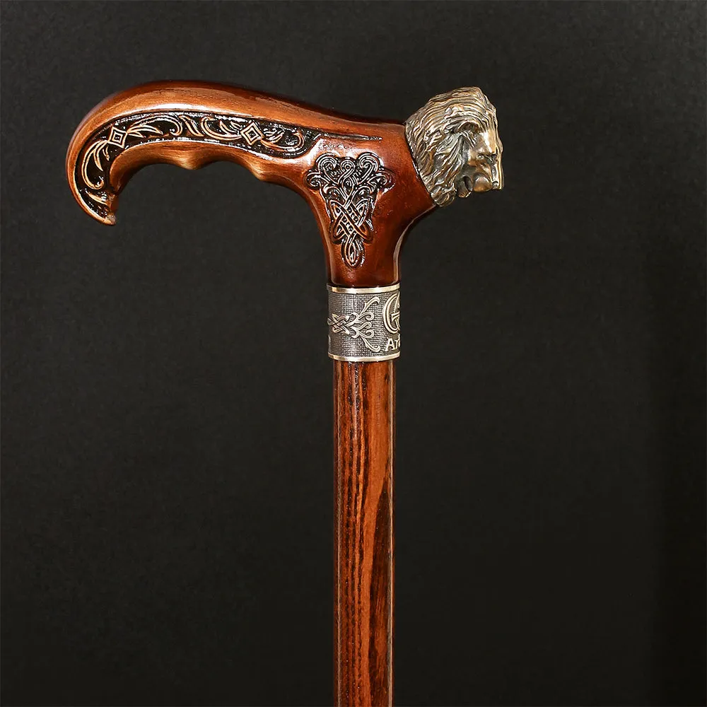 Lion Head Bronze & Wood Artisan Intricate Handcarved Cane