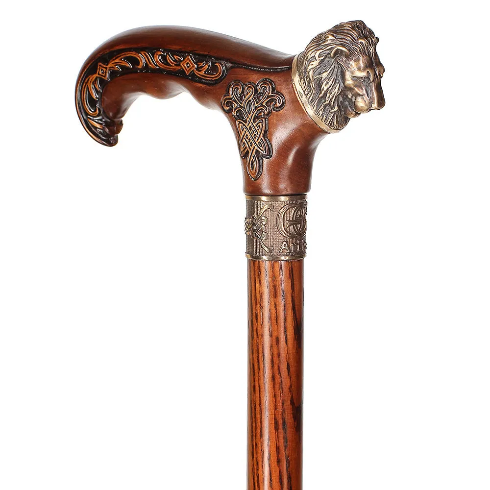 Lion Head Bronze & Wood Artisan Intricate Handcarved Cane