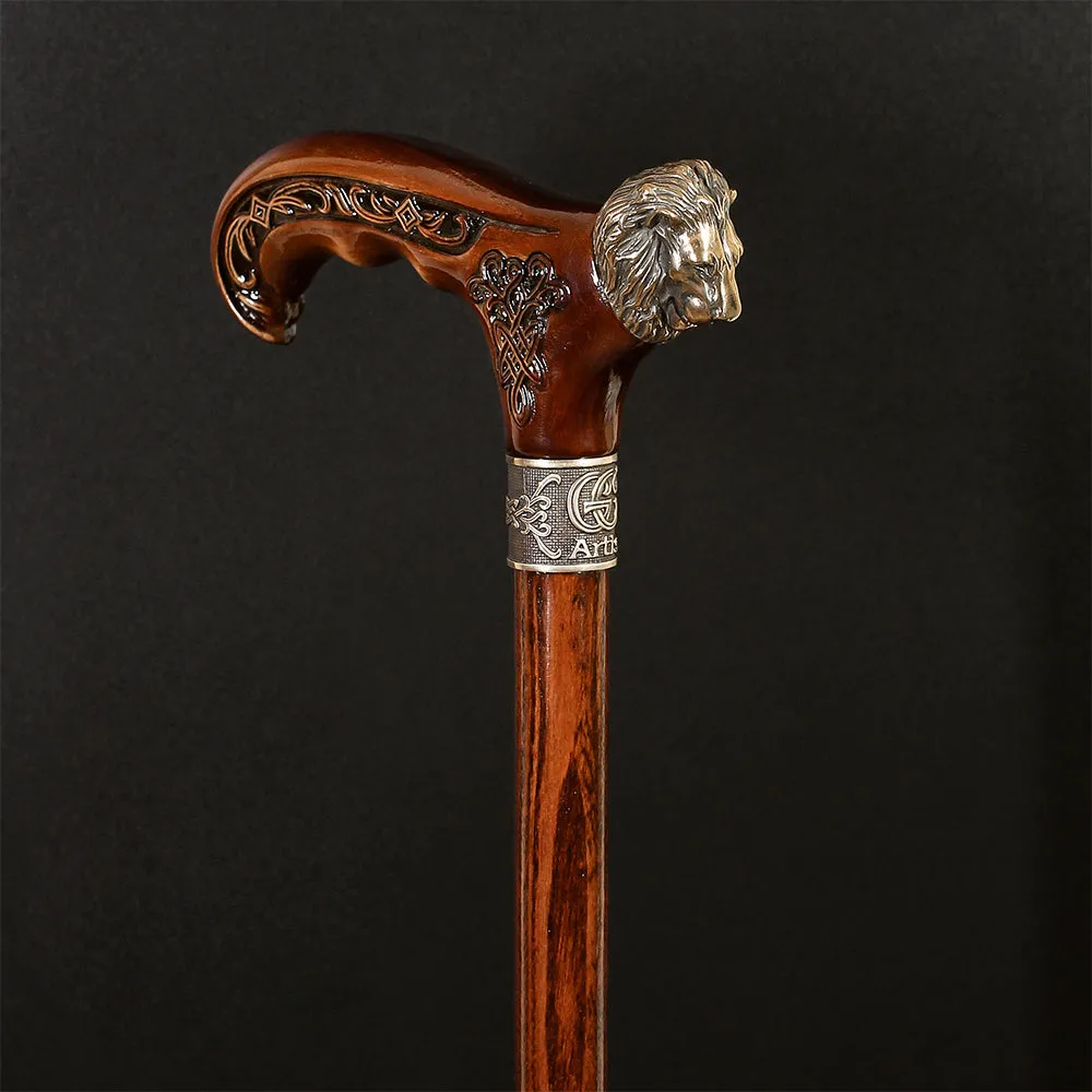 Lion Head Bronze & Wood Artisan Intricate Handcarved Cane