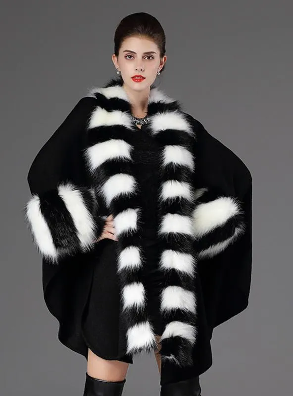 LOOSE FOX LIKE FUR COLLAR KNITTED SHAWL CAPE COAT