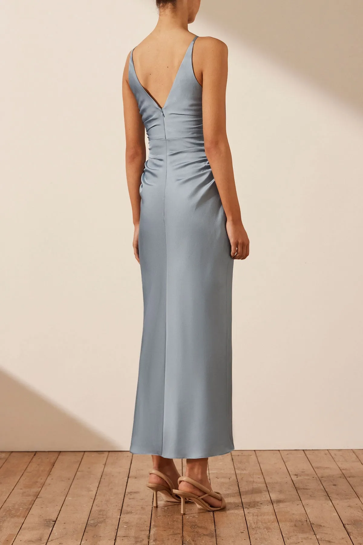 LUXE HIGH NECK RUCHED MIDI DRESS - AZURE