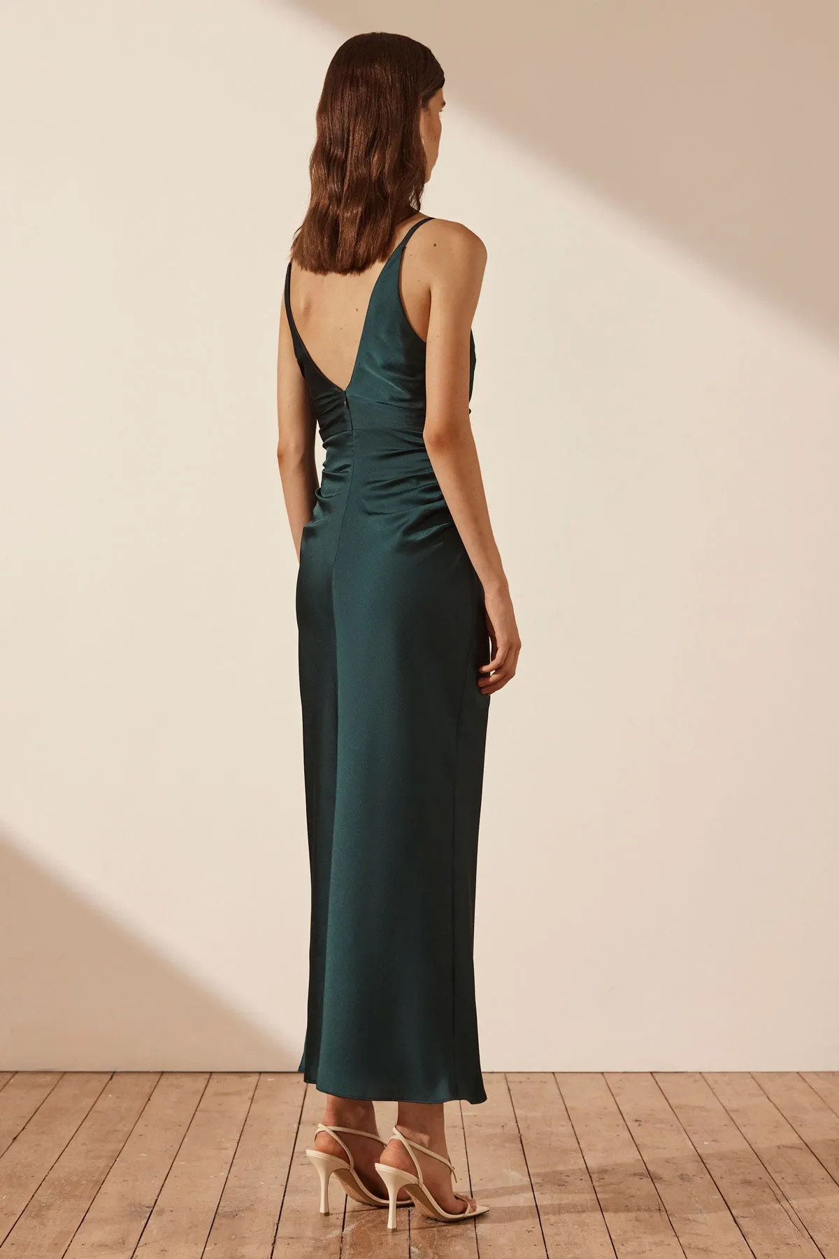 LUXE HIGH NECK RUCHED MIDI DRESS - EMERALD