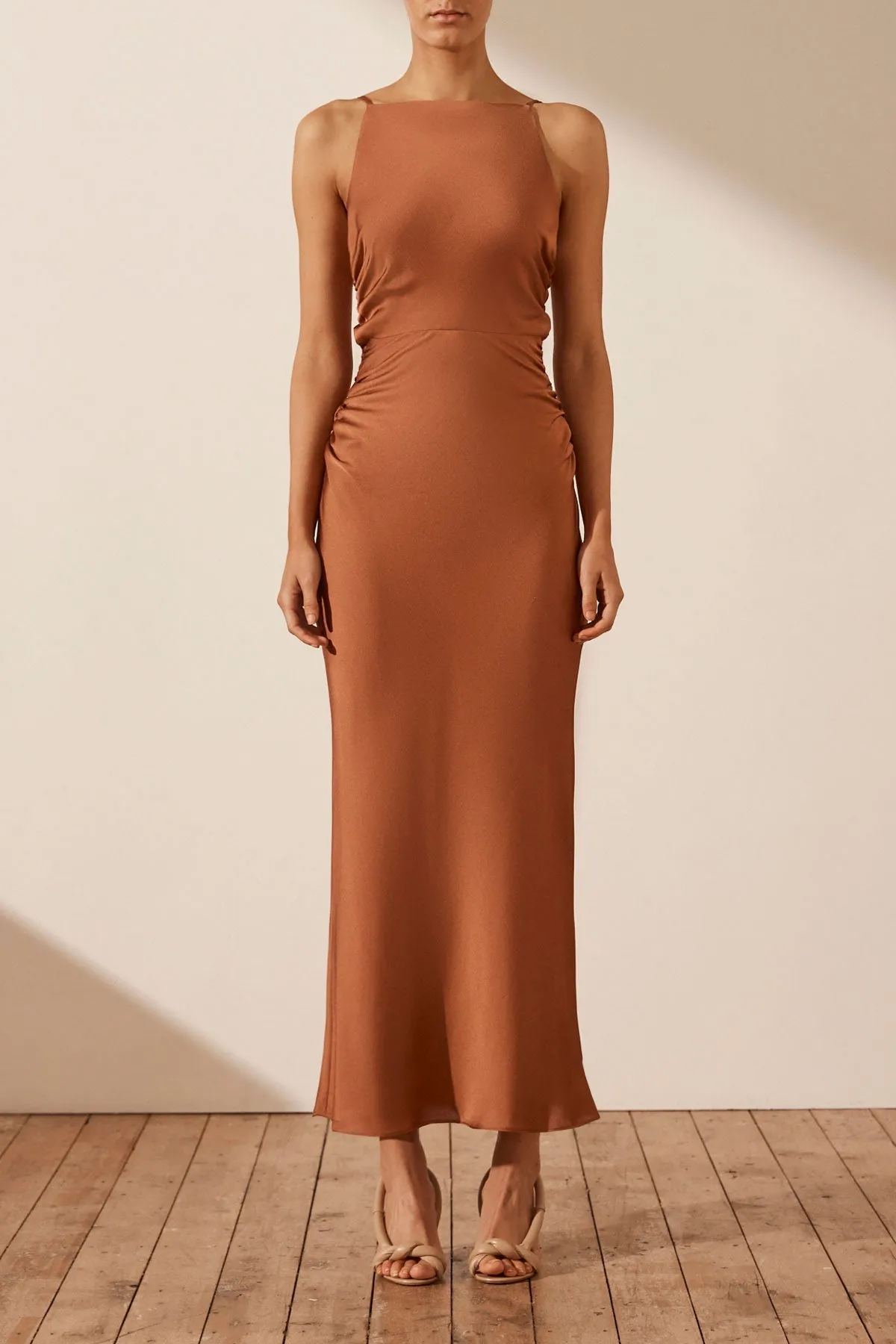 LUXE HIGH NECK RUCHED MIDI DRESS - MOCHA