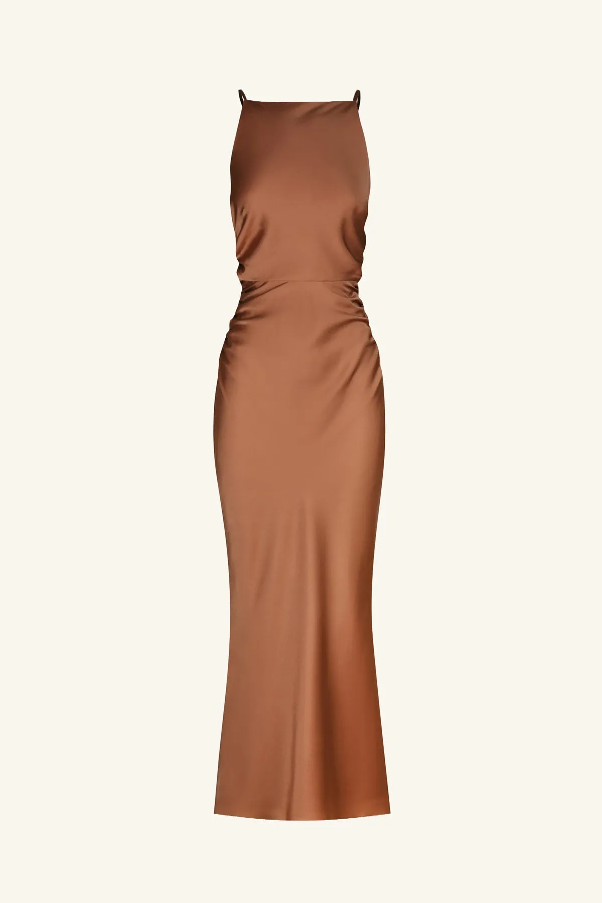 LUXE HIGH NECK RUCHED MIDI DRESS - MOCHA