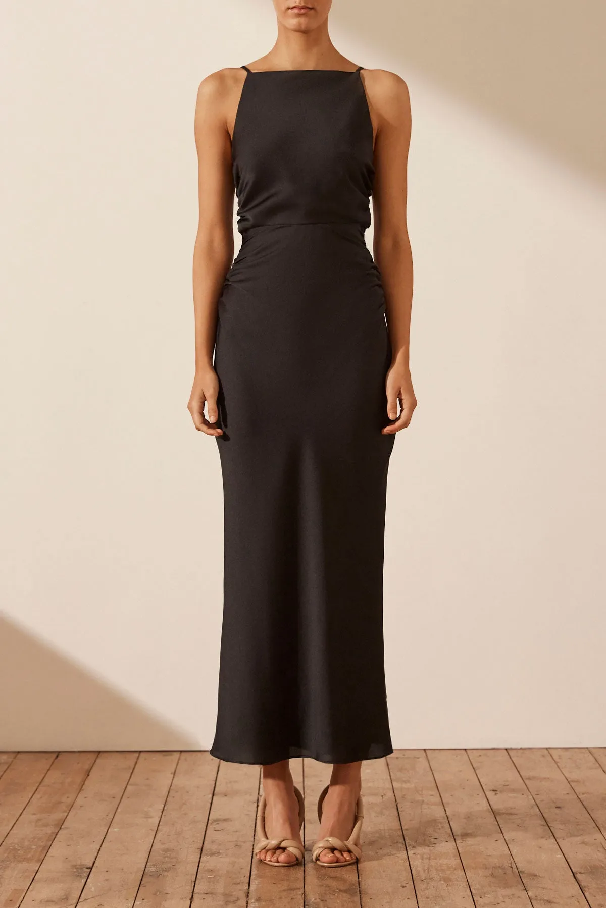 LUXE HIGH NECK RUCHED MIDI DRESS - ONYX