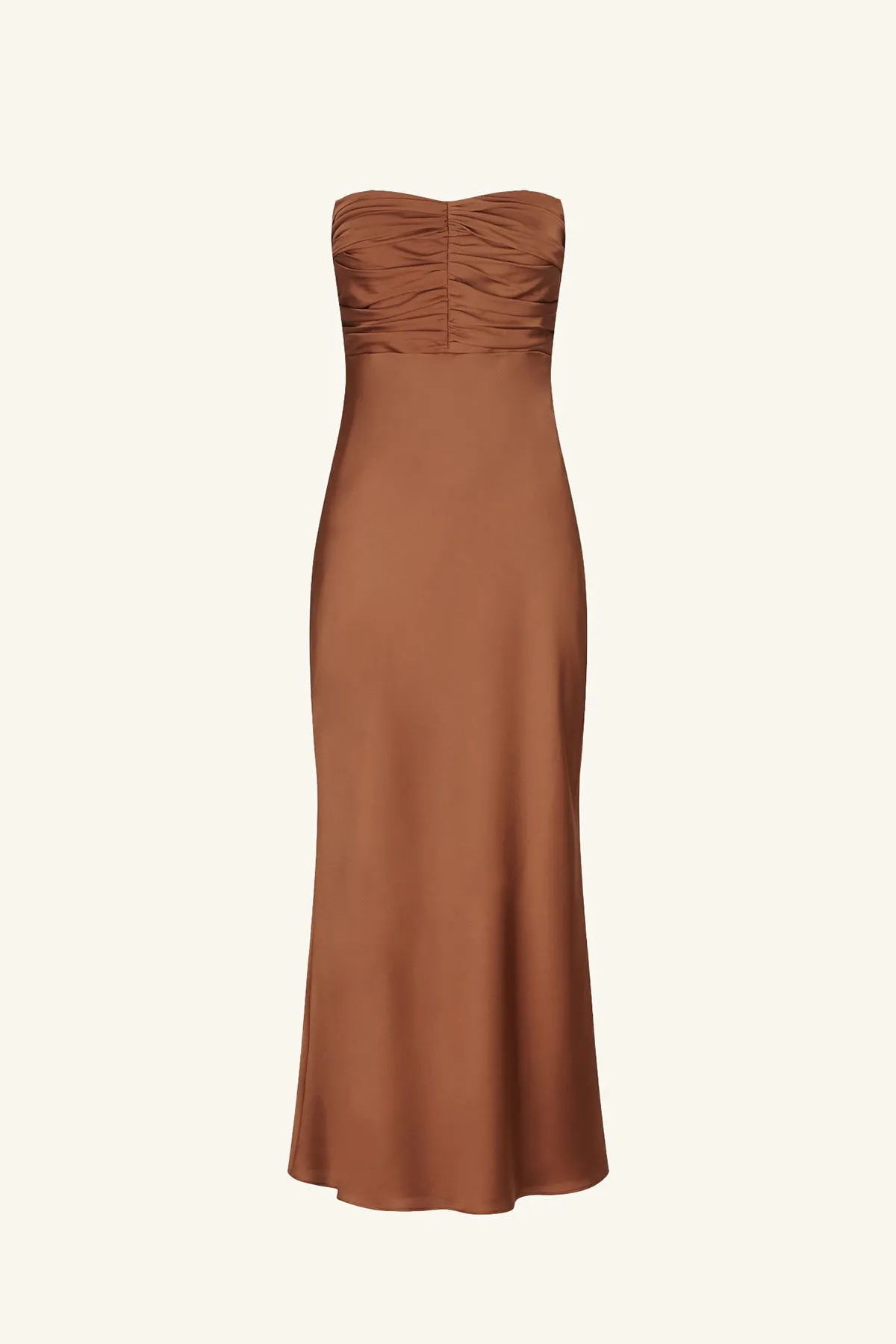 LUXE STRAPLESS RUCHED BODICE MIDI DRESS - MOCHA