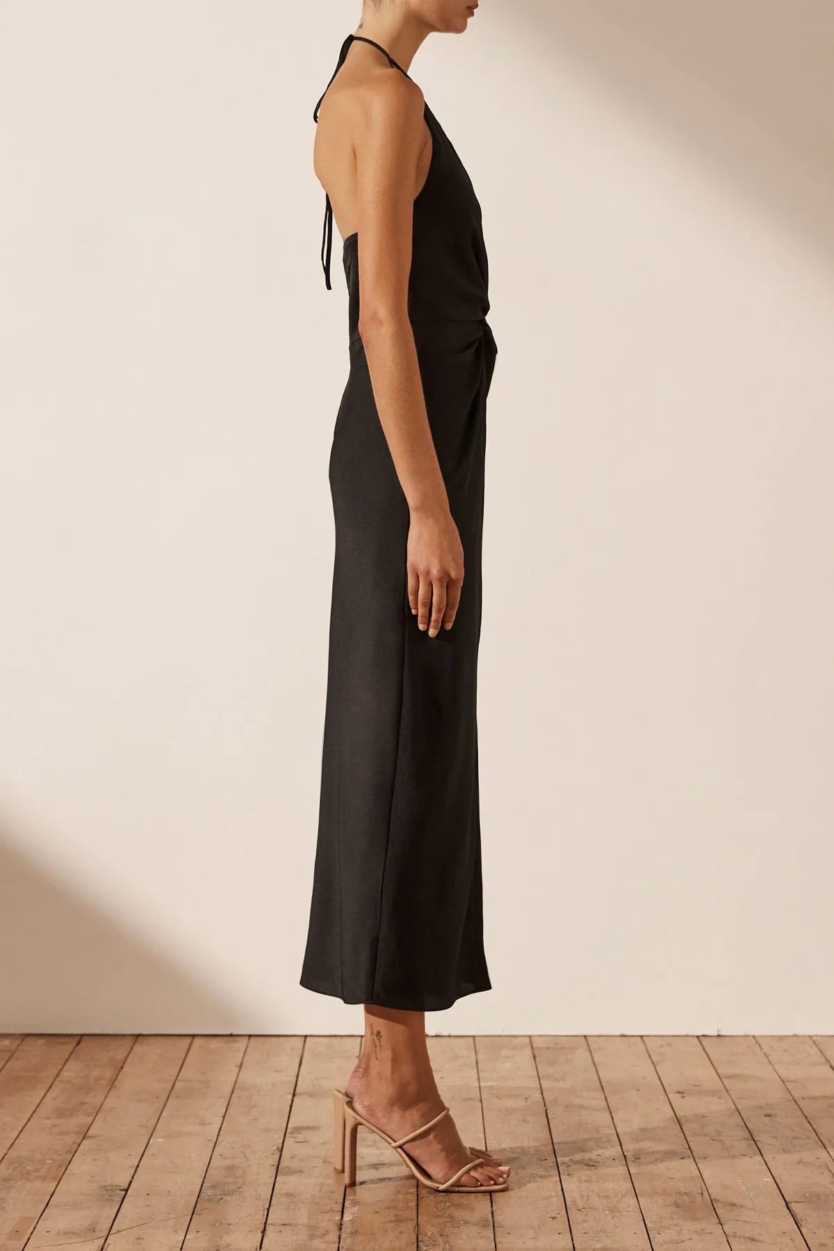 LUXE TWIST FRONT HALTER MIDI DRESS - ONYX