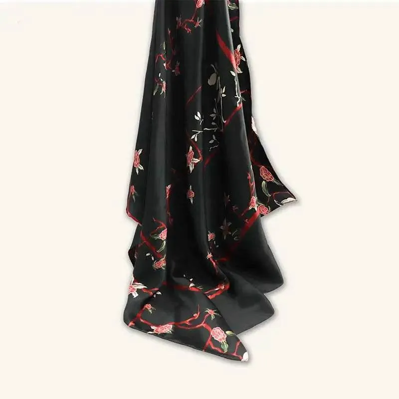 Luxurious Elegant Vintage Black Floral Silk Square Scarf 87 x 87 cm