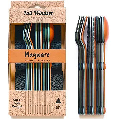 MAGWARE Magnetic Camping Utensils Set - Portable & Reusable Metal Travel Flatware with a Case for Camping, Picnic, Office & Kid's Lunchbox | Camping Cutlery Set | Knife, Fork & Spoon (15 PCS)