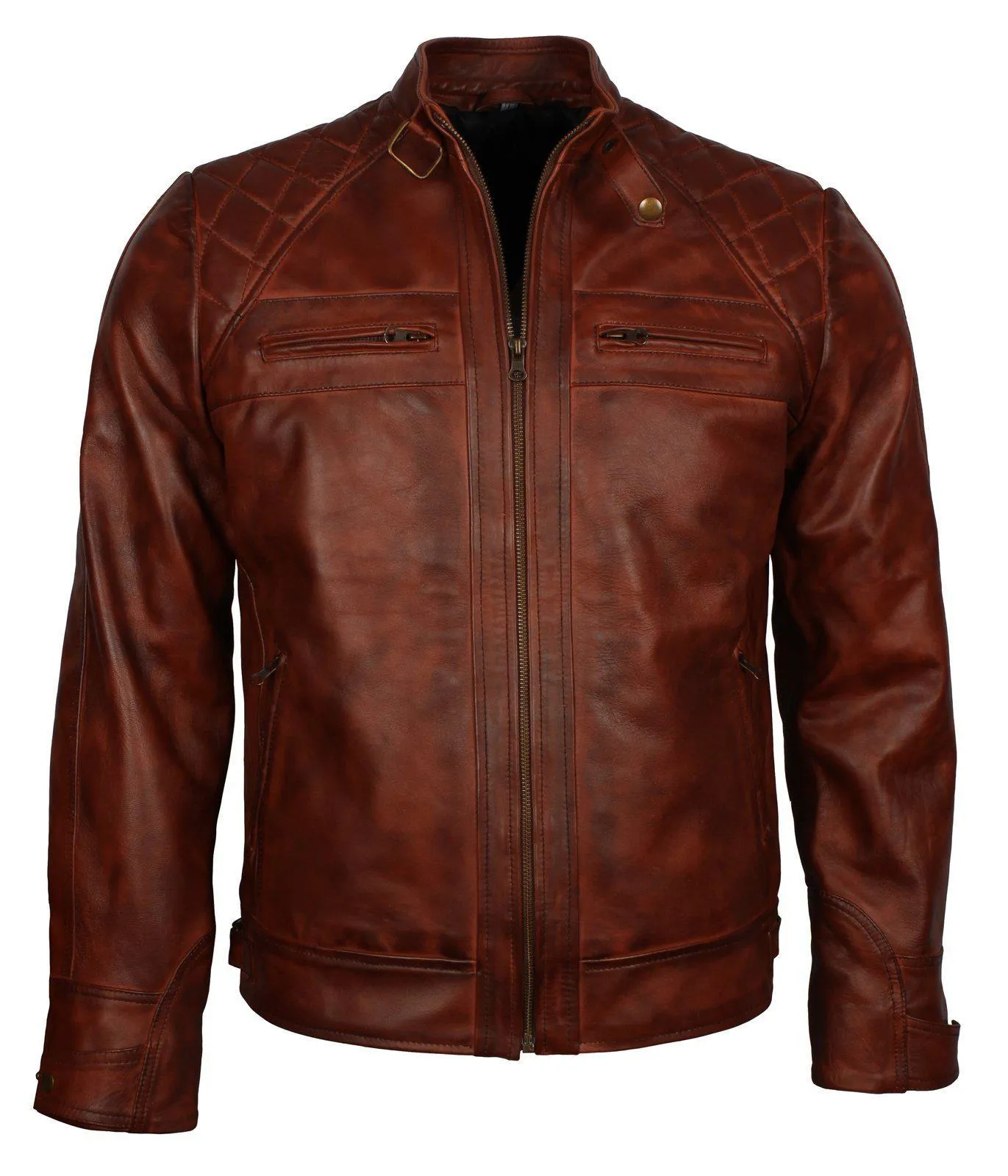 Men's Brown Diamond Quilted Genuine Leather Cafe Racer Jacket