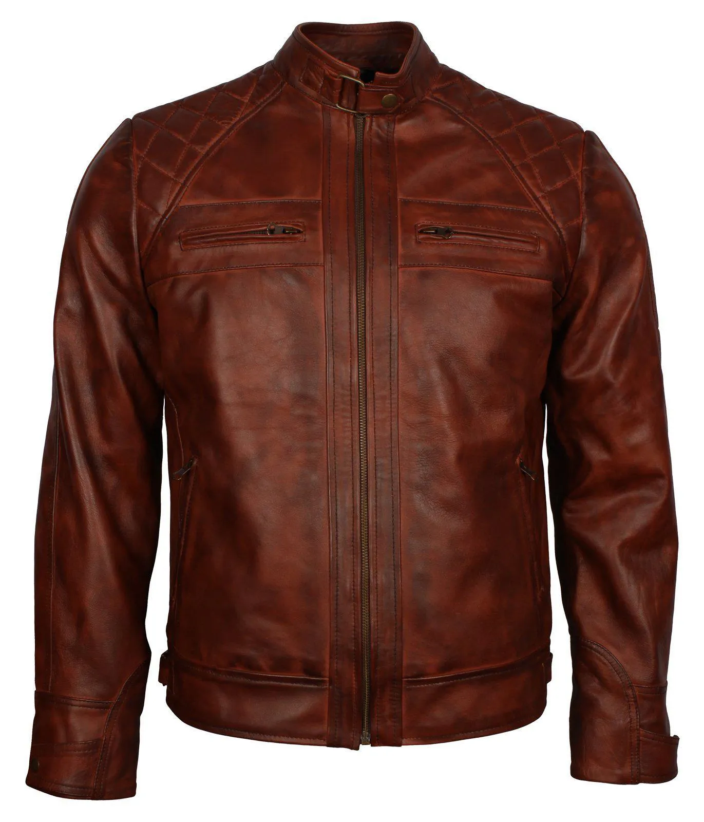 Men's Brown Diamond Quilted Genuine Leather Cafe Racer Jacket