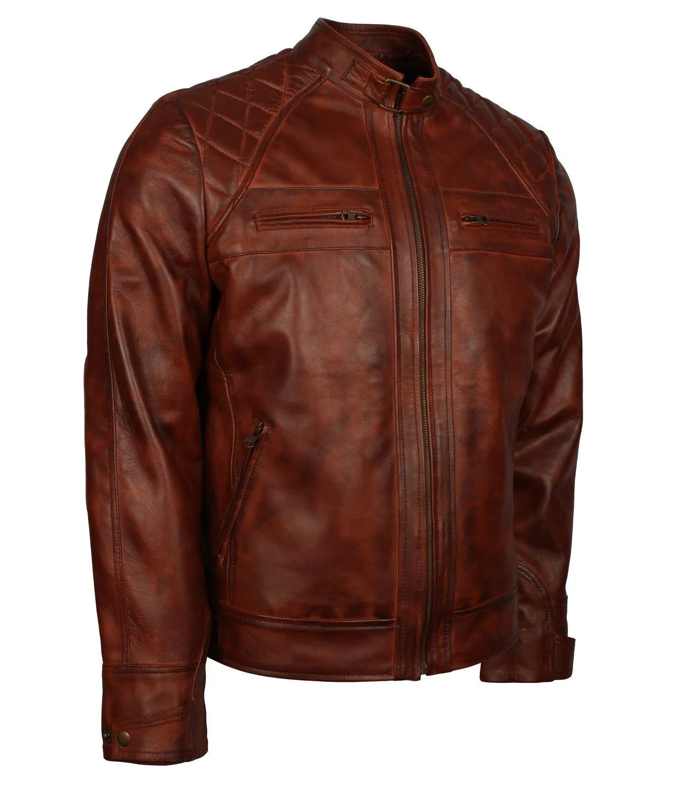 Men's Brown Diamond Quilted Genuine Leather Cafe Racer Jacket