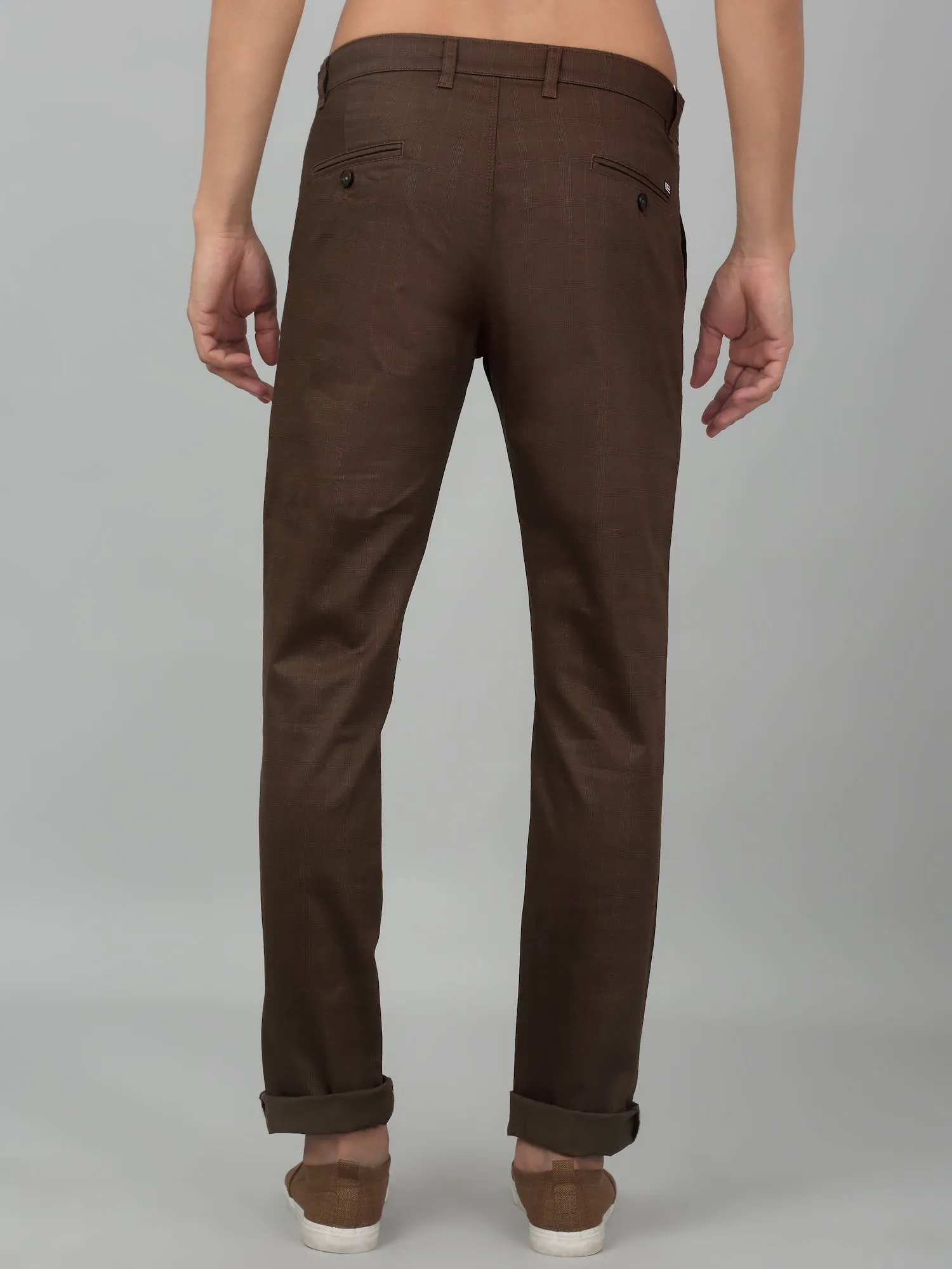 Men's Casual Flat front Brown Checks Trousers