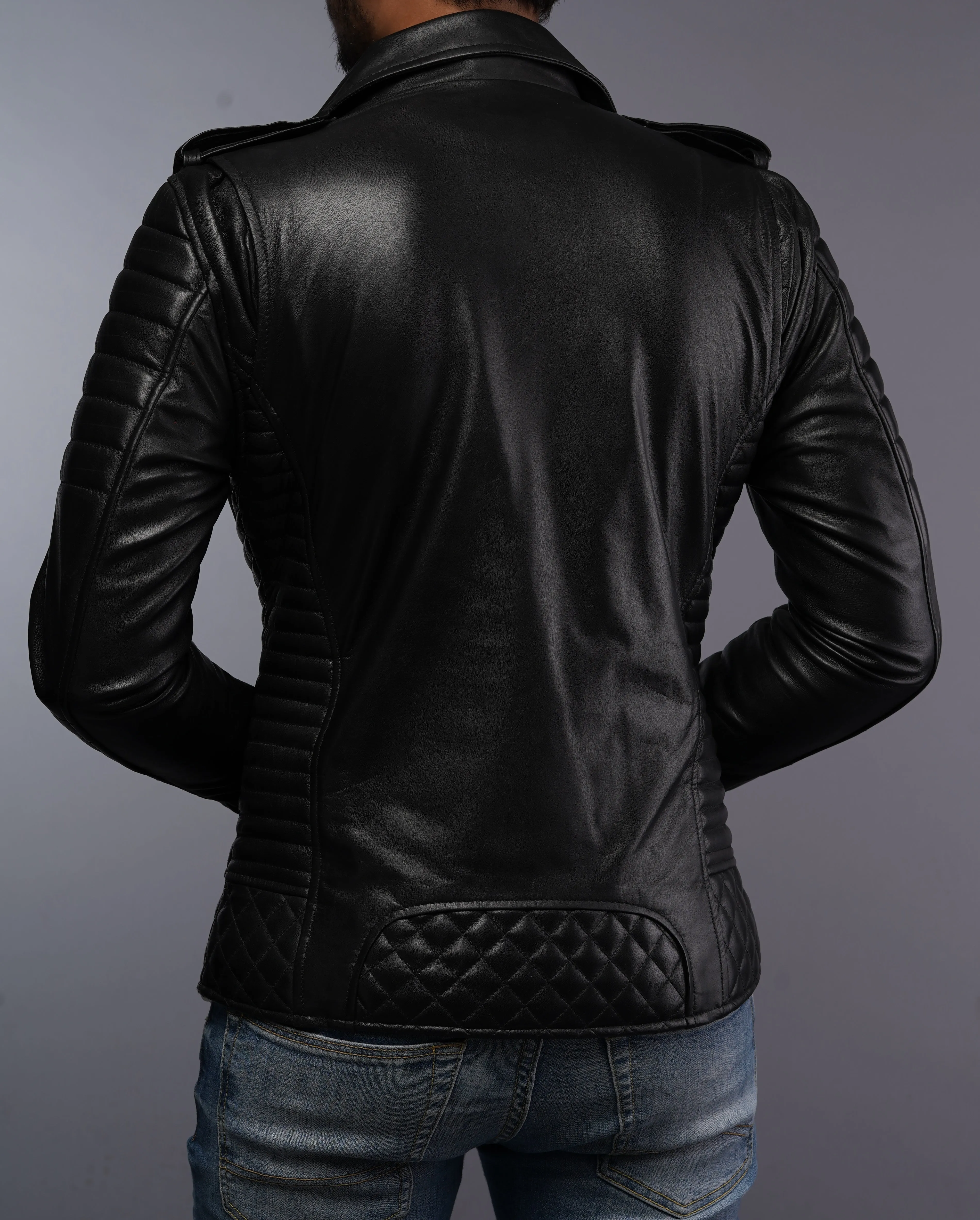 Mens Designer Quilted Padded Biker Gun Metal Leather Jacket