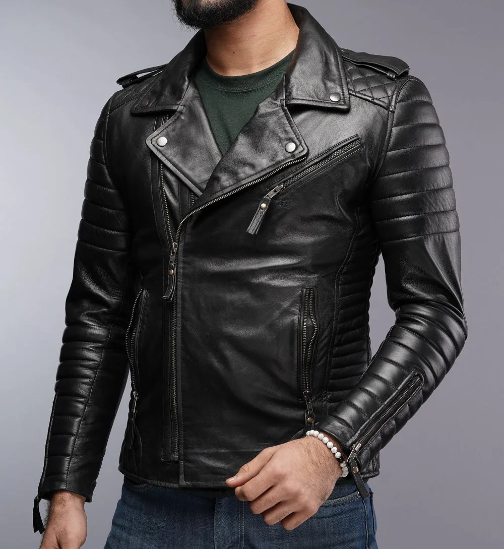 Mens Designer Quilted Padded Biker Gun Metal Leather Jacket