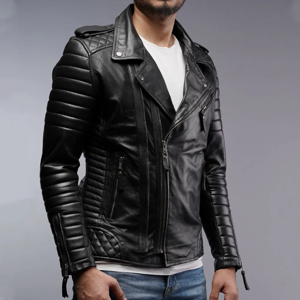 Mens Designer Quilted Padded Biker Gun Metal Leather Jacket