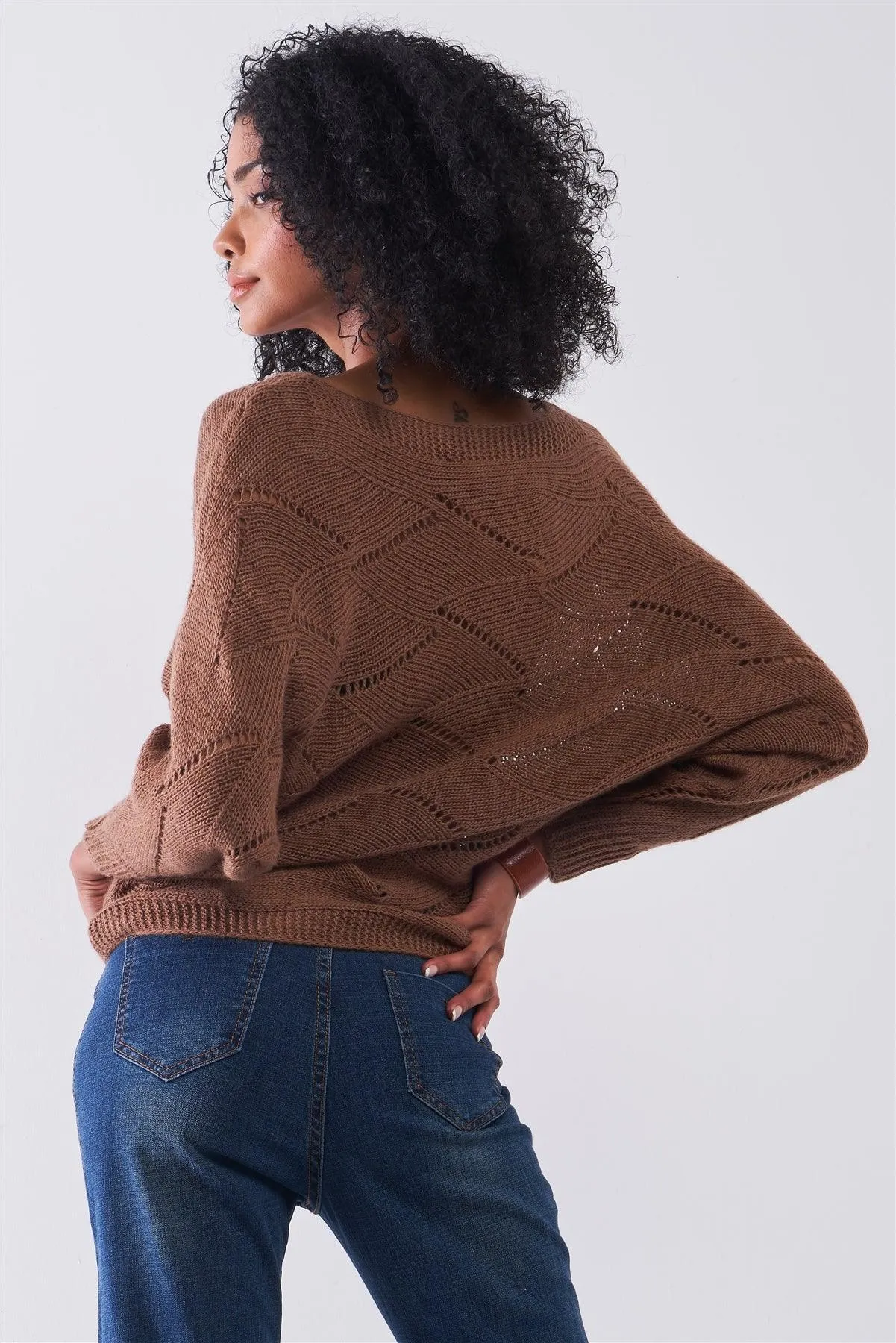 Mocha Brown Cable Knit Mock Neck Long Sleeve Relaxed Sweater /2-1-2-1