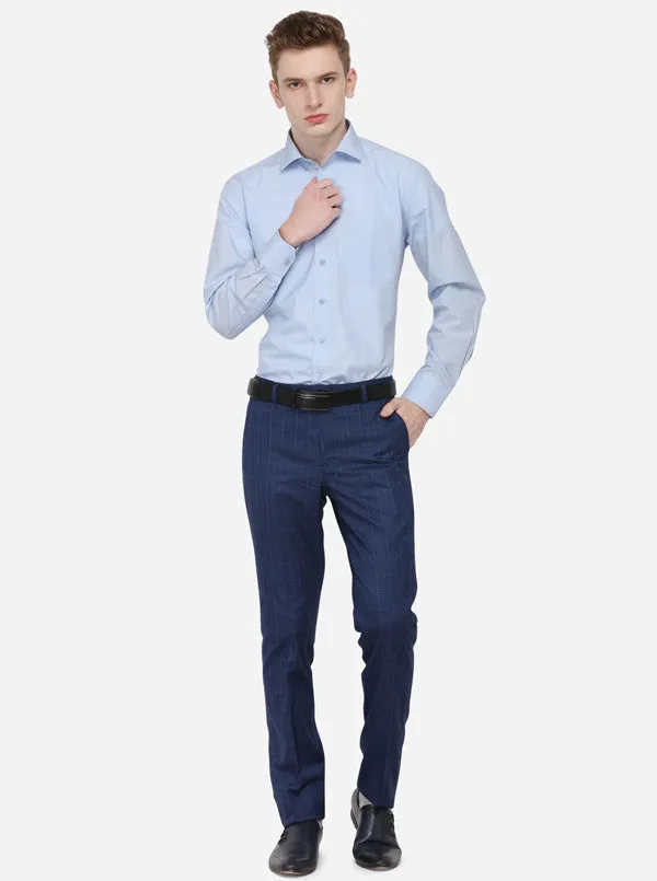 Navy Blue Checked Slim Fit Formal Trouser | Metal