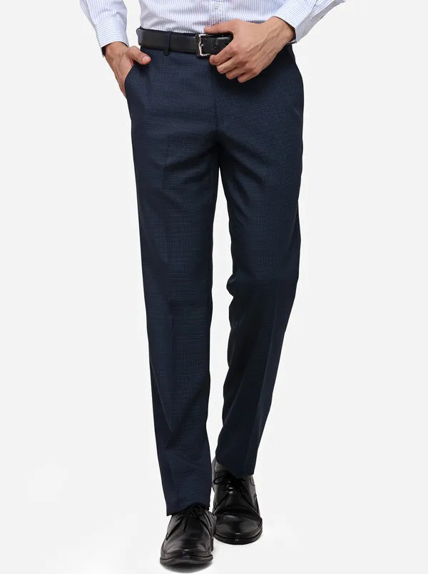 Navy Blue Slim Fit Checked Formal Trouser | JB Studio