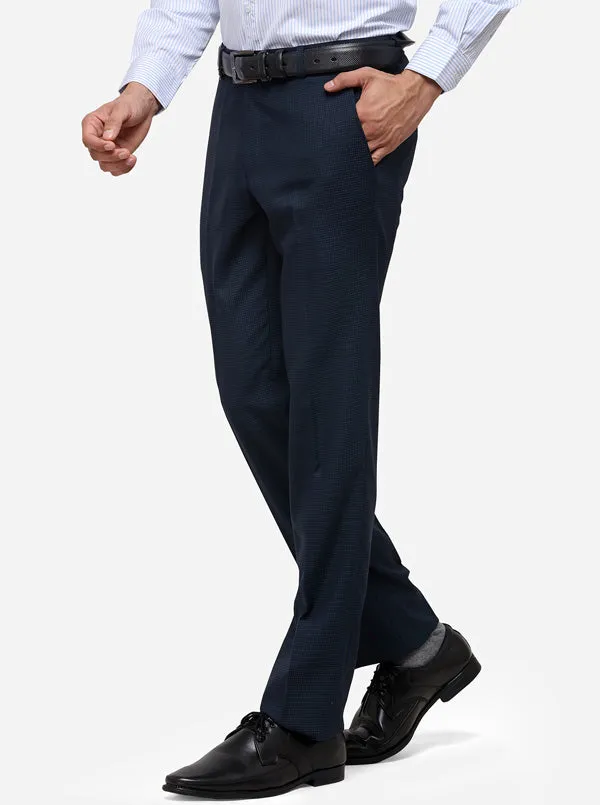 Navy Blue Slim Fit Checked Formal Trouser | JB Studio