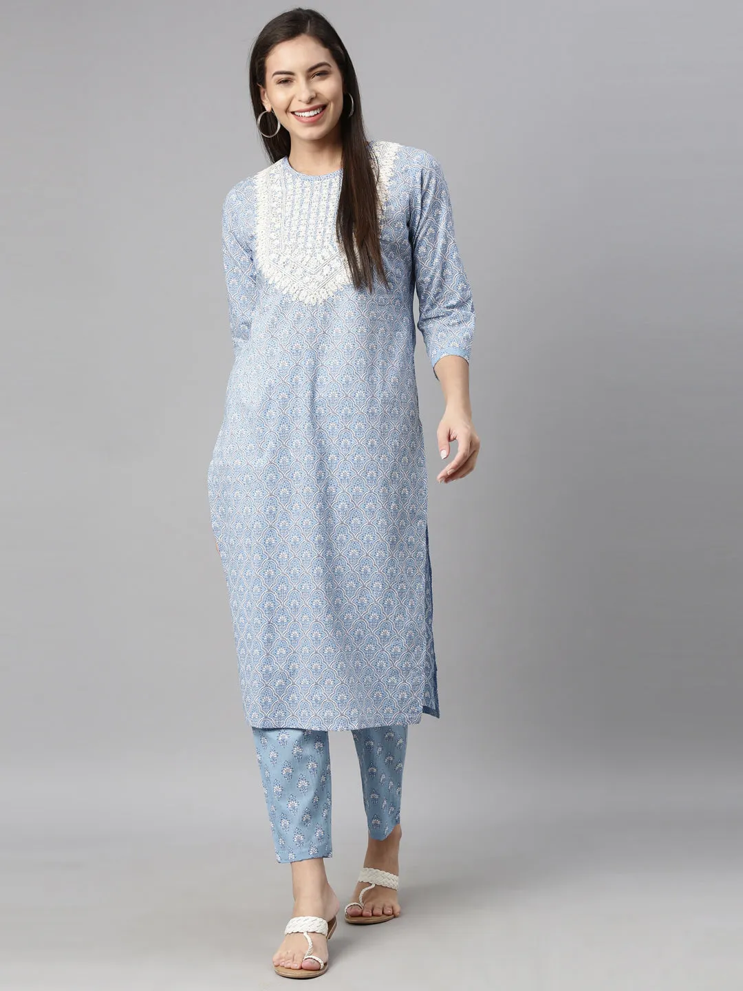 Neerus Women Blue Printed Thread Work Kurta with Trousers