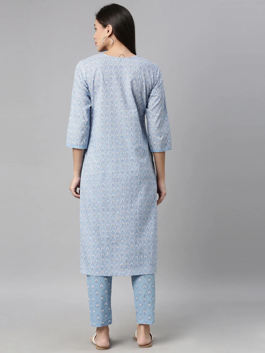 Neerus Women Blue Printed Thread Work Kurta with Trousers