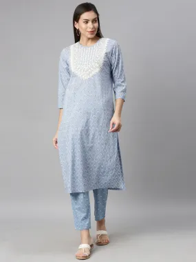 Neerus Women Blue Printed Thread Work Kurta with Trousers