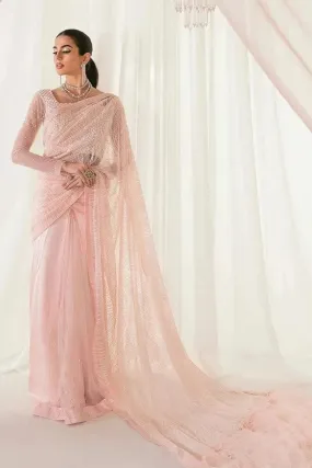 Nilofer Shahid - Pearl Silk Embroidered Saree with Pure Net Blouse and Silk Peti Coat - Serenity - 3 Piece