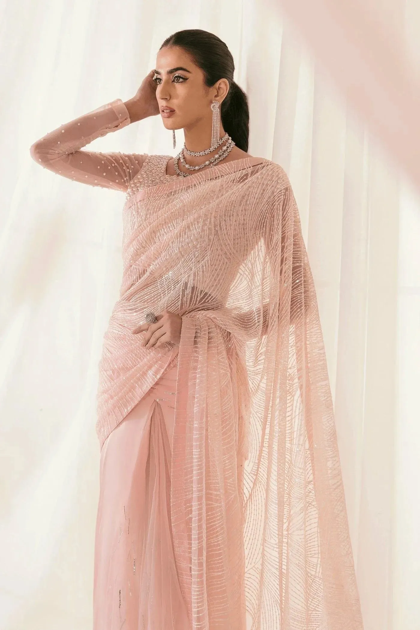 Nilofer Shahid - Pearl Silk Embroidered Saree with Pure Net Blouse and Silk Peti Coat - Serenity - 3 Piece