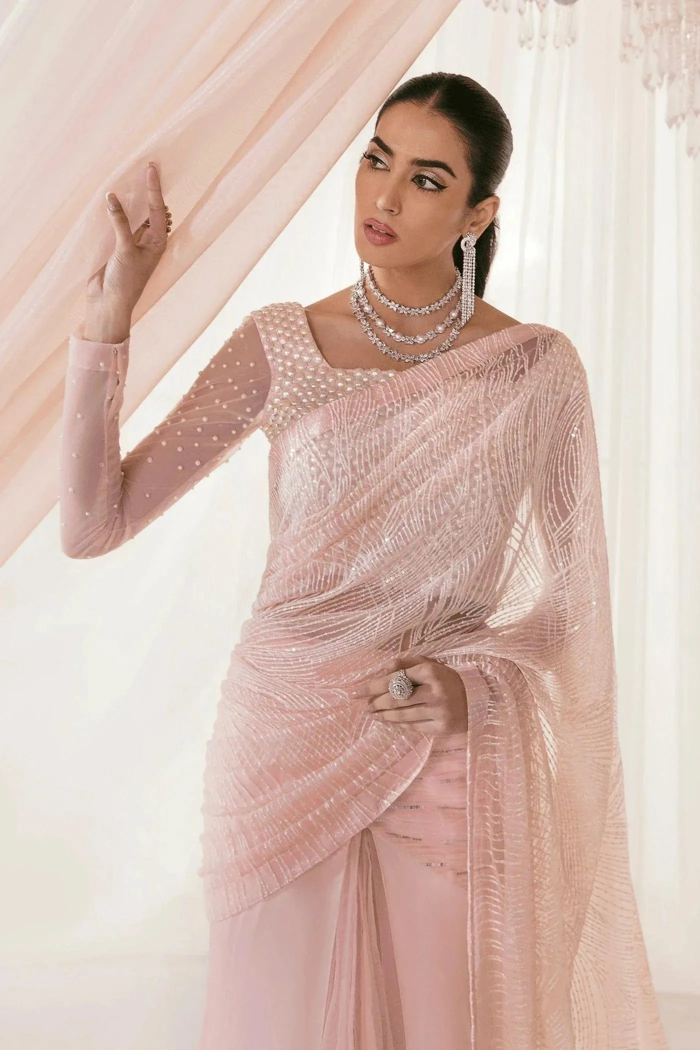 Nilofer Shahid - Pearl Silk Embroidered Saree with Pure Net Blouse and Silk Peti Coat - Serenity - 3 Piece