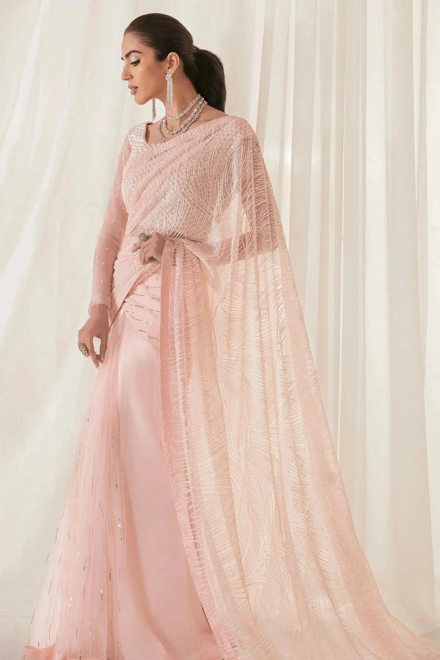 Nilofer Shahid - Pearl Silk Embroidered Saree with Pure Net Blouse and Silk Peti Coat - Serenity - 3 Piece