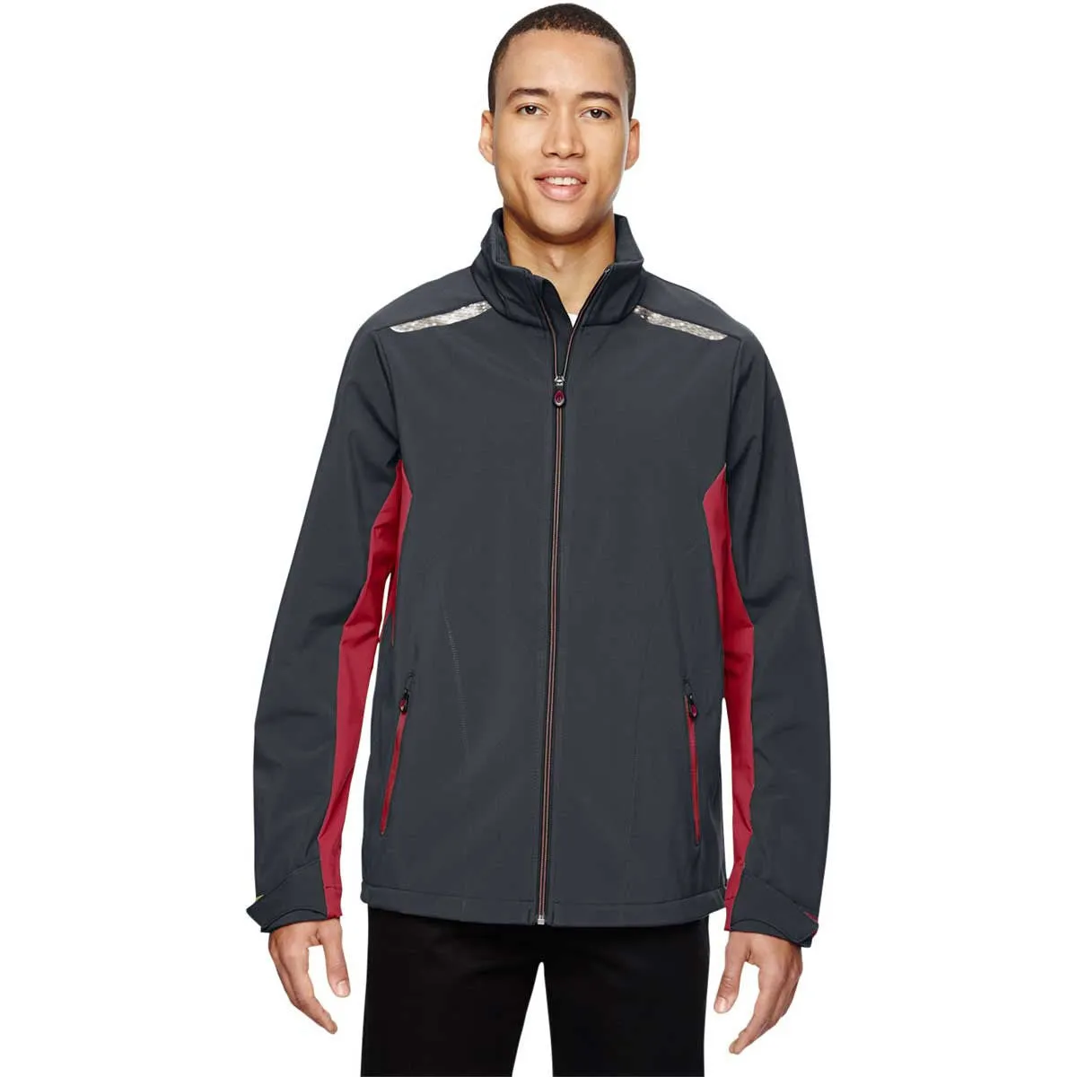 North End Men's Carbon/Olympic Red Excursion Jacket with Laser Stitch Accents