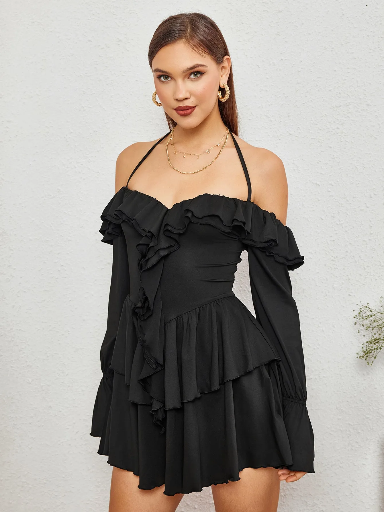 Off Shoulder Halter Ruffle Tiered Dress