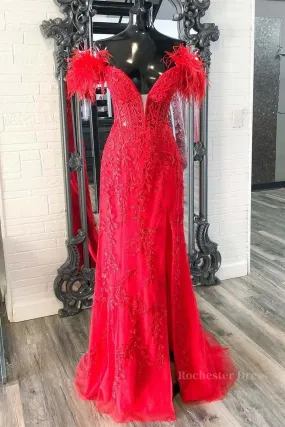 Off Shoulder V Neck Mermaid Red Lace Long Prom Dress with High Slit, Mermaid Red Formal Dress, Red Lace Evening Dress