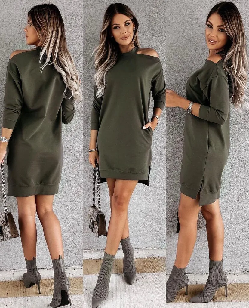 One Shoulder Batwing Mini Sweater Dress