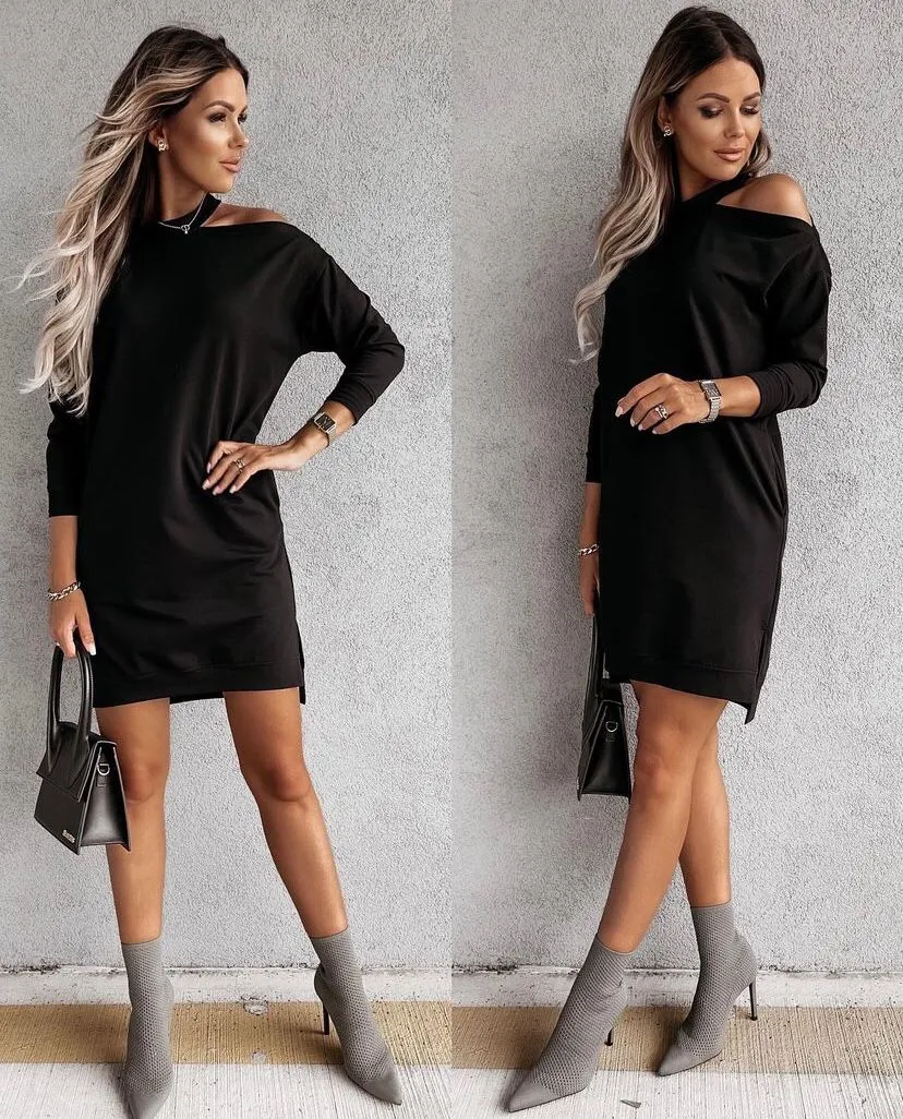 One Shoulder Batwing Mini Sweater Dress