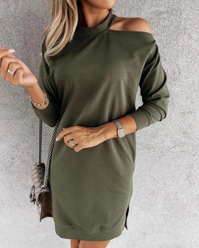 One Shoulder Batwing Mini Sweater Dress