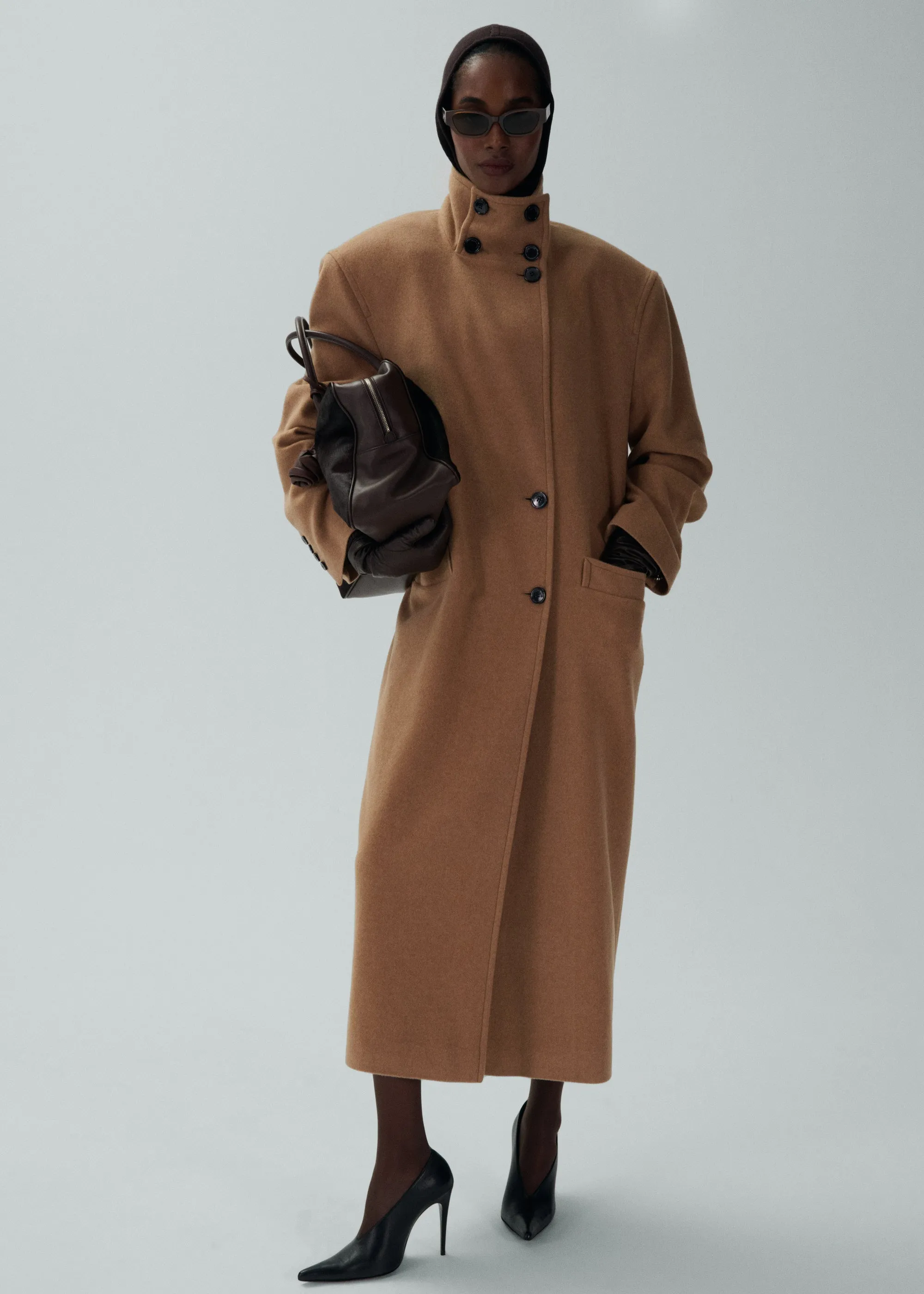 Oversized high collar cashmere coat in caramel