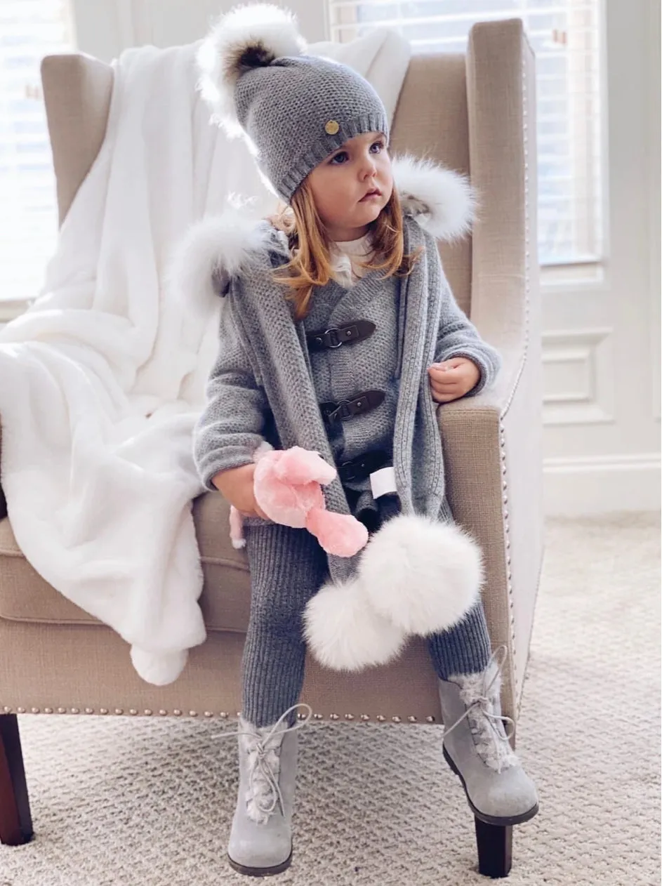 Petite Maison Kids Grey Cashmere scarf with fur poms