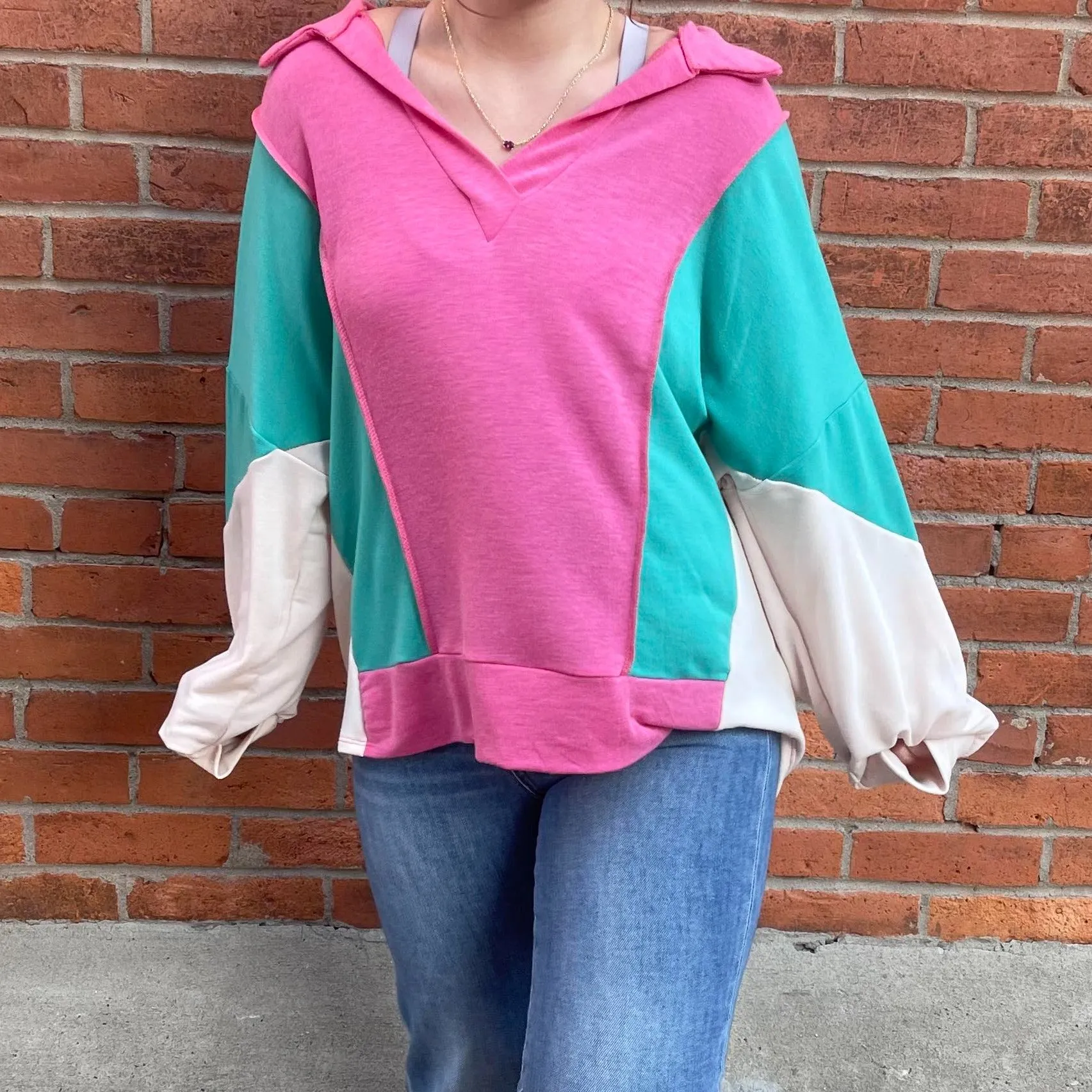 Pink & Mint Color Block Washed French Terry Top