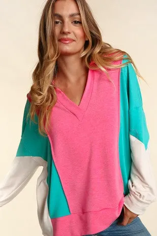 Pink & Mint Color Block Washed French Terry Top