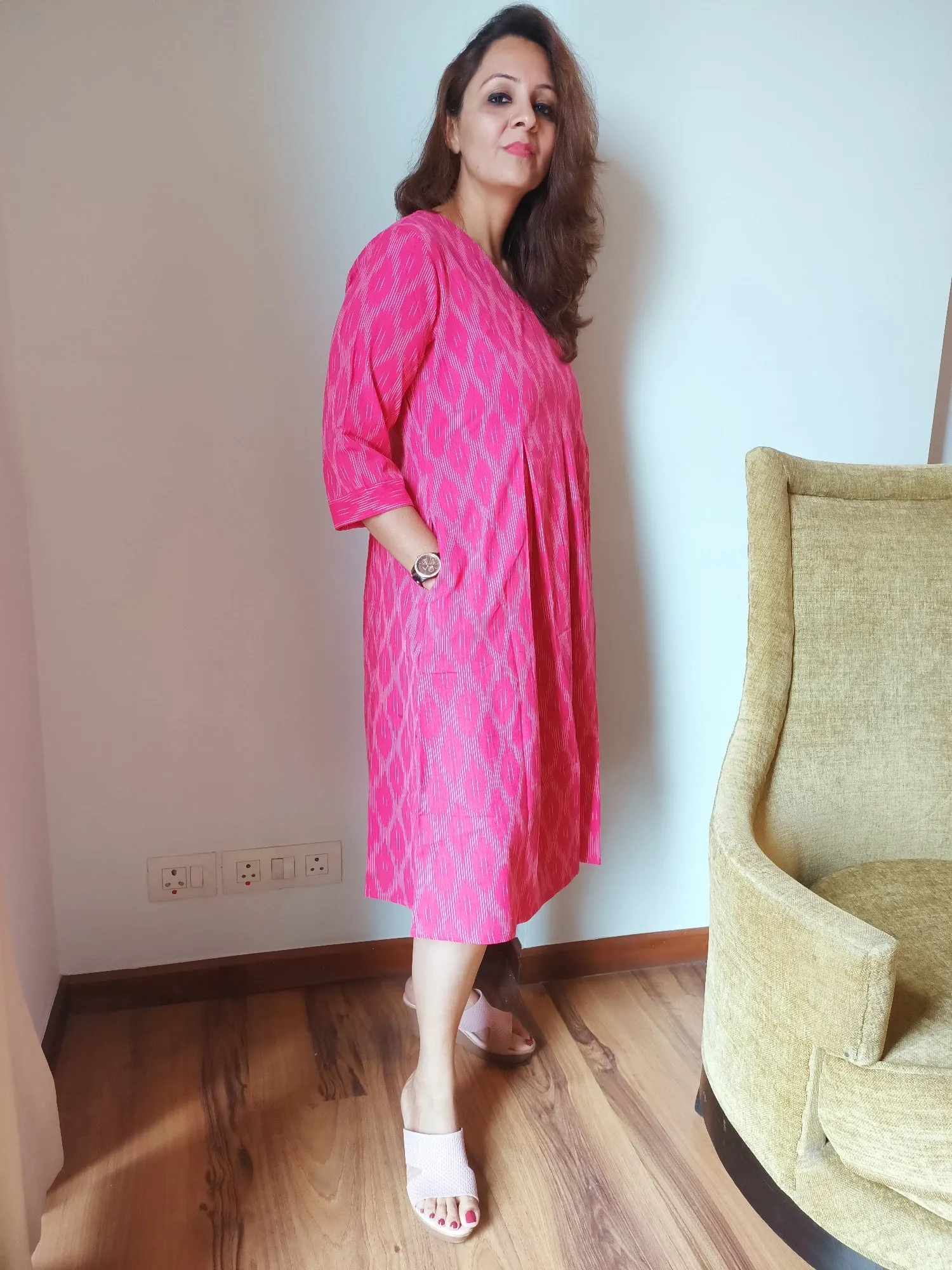 Pink Ikat Cotton Midi Dress