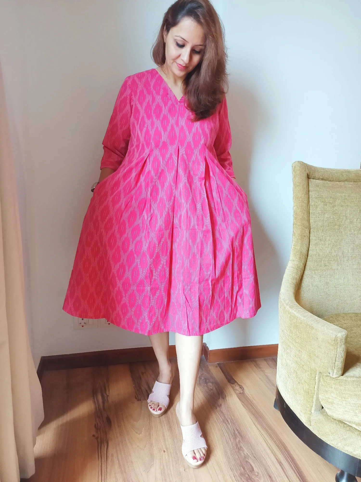 Pink Ikat Cotton Midi Dress