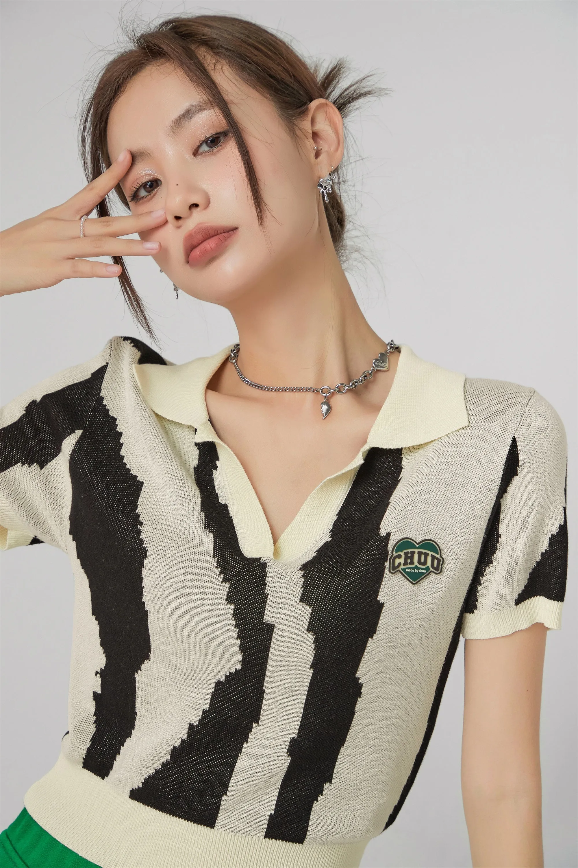 Pixeled Zebra Polo Knit Top