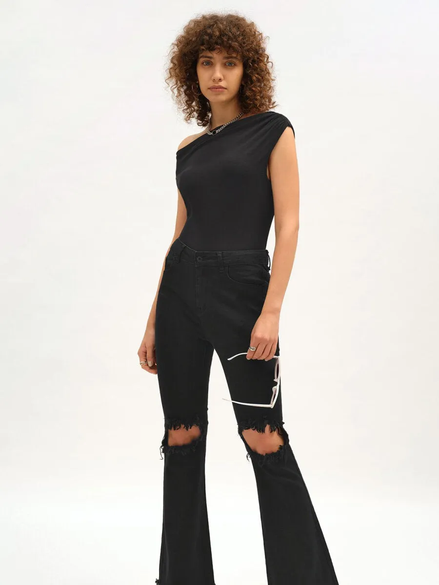 Plain Asymmetrical Neck Rib Tee