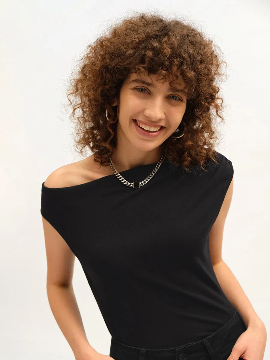 Plain Asymmetrical Neck Rib Tee