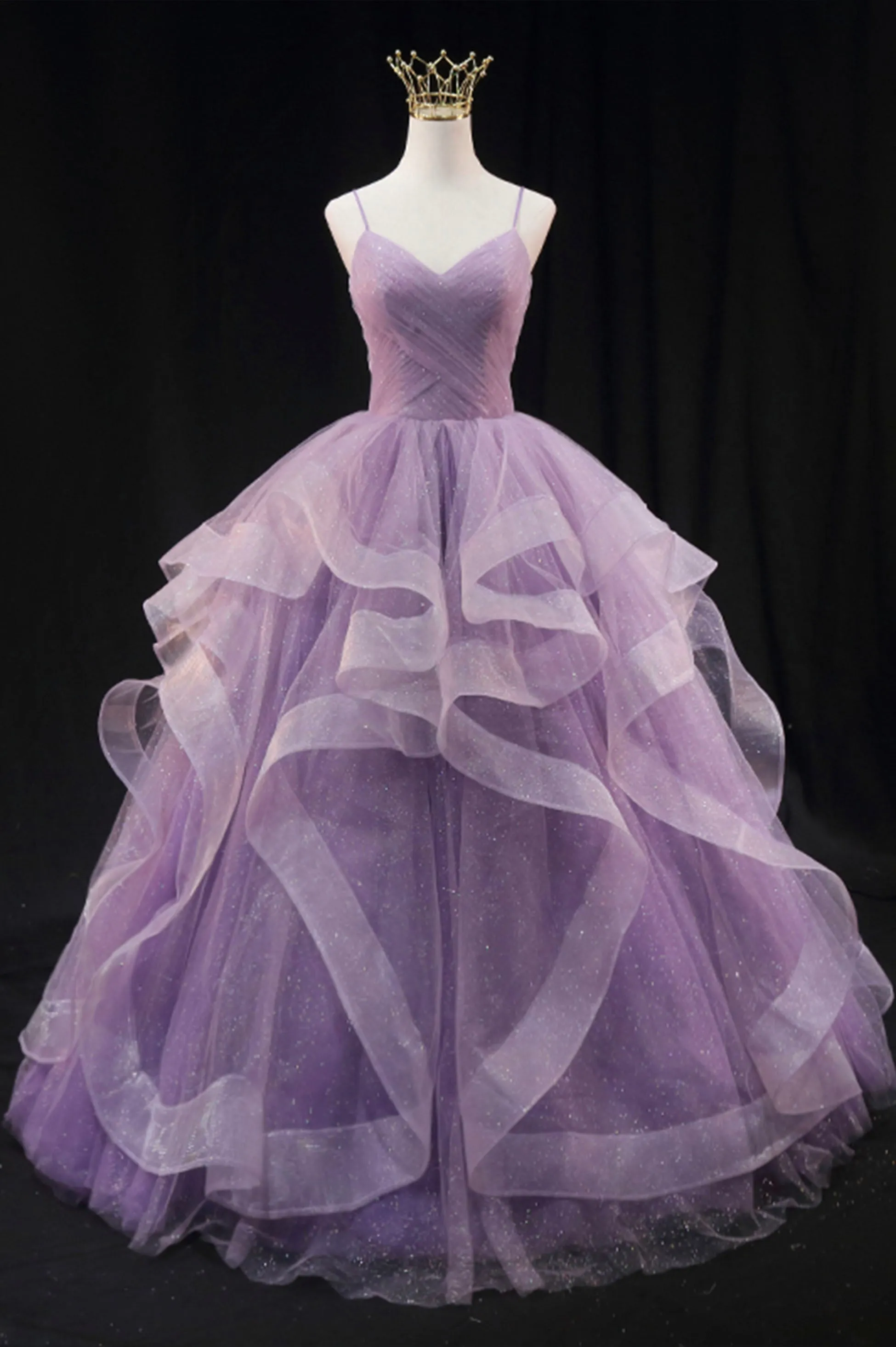 Purple Spaghetti Strap Tulle Long A-Line Ball Gown