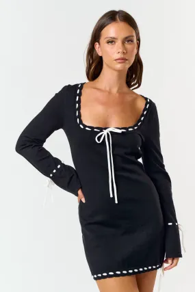 "Winery Hopping" Navy Long Sleeve Sweater Dress w/ Ribbon Detail